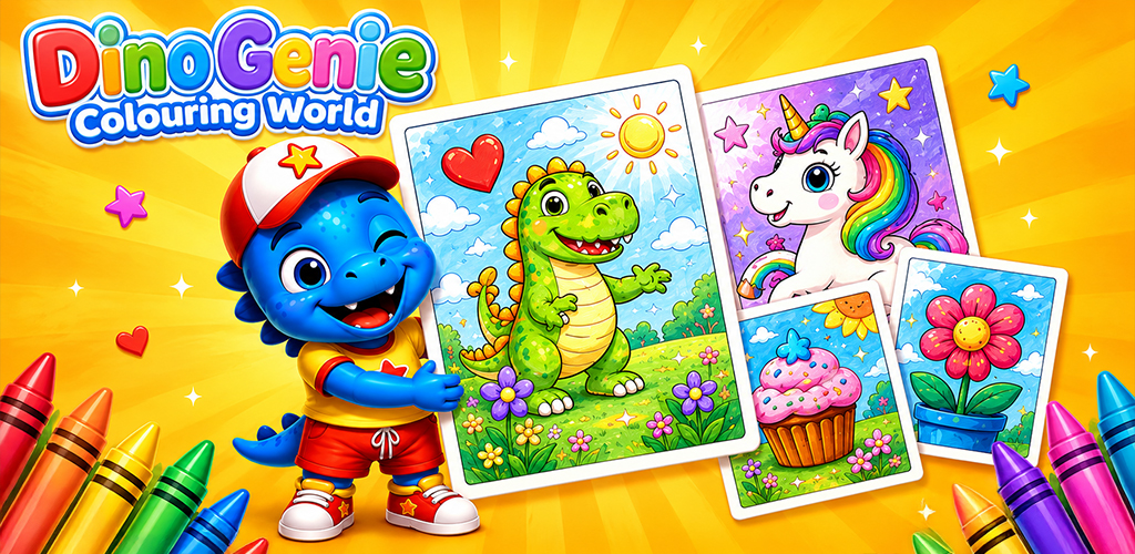 DinoGenie mascot with colorful coloring pages of a dinosaur, unicorn, cupcake and flower
